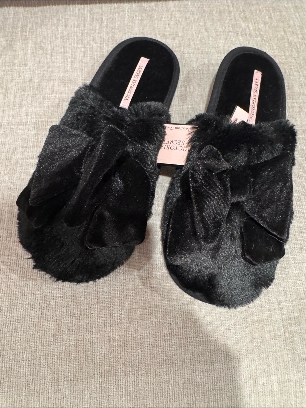 Victoria's Secret Black Faux-Fur Bow Slide Slippers